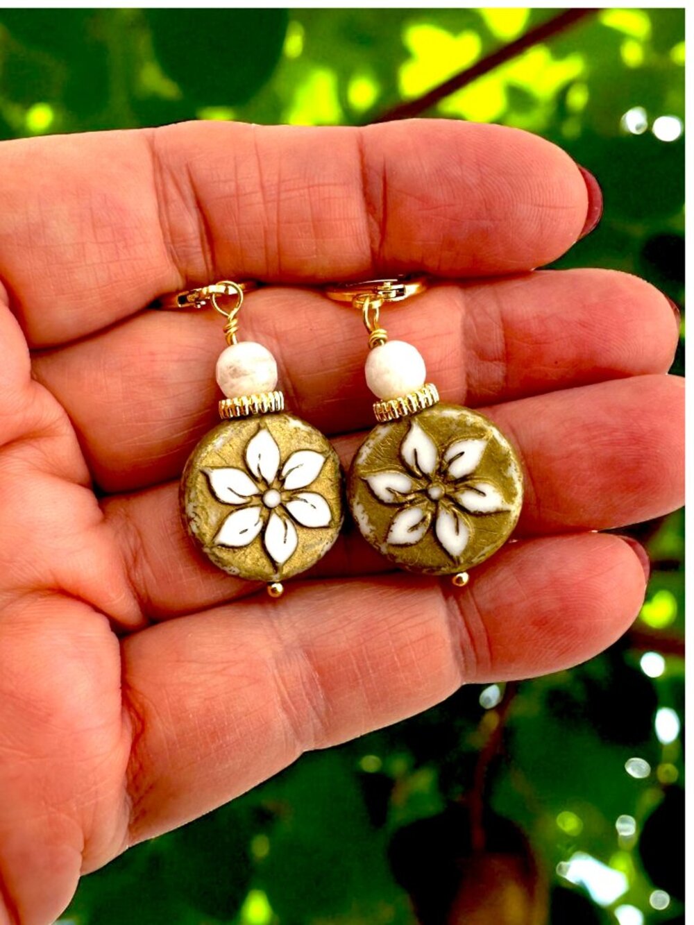 Czech Glass Clematis Flower Earrings White Gemstone Gold Leverbacks Artisan 1.5" - Picture 2 of 10